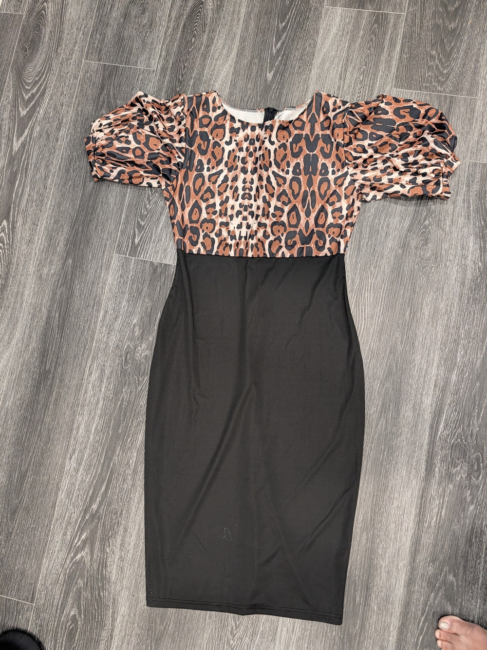 Leopard Print Puff Sleeve Sheath Dress - Black and Brown